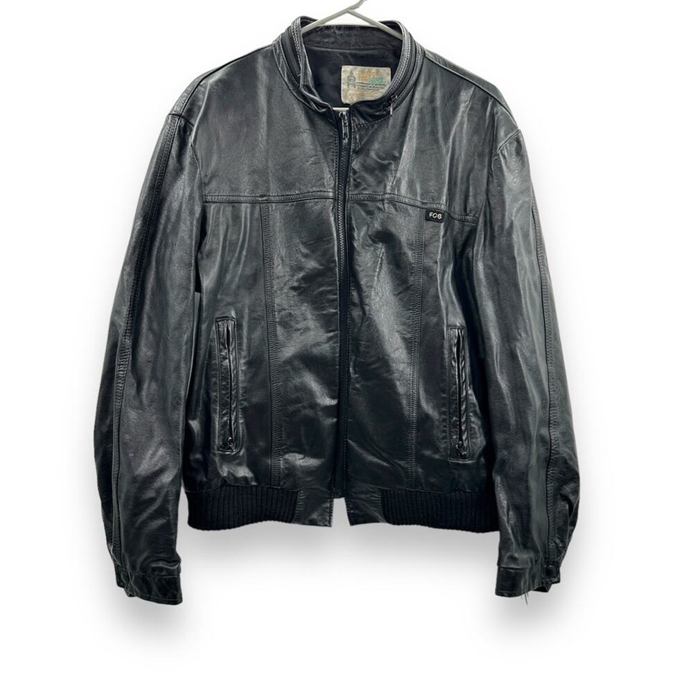Vintage London Fog Black Leather Long Sleeve Bomber Jacket Sz M